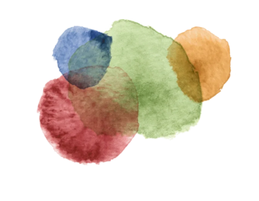 Abstrakte Aquarellillustration mit sich überlappenden grünen, blauen, roten und orangefarbenen Kreisen