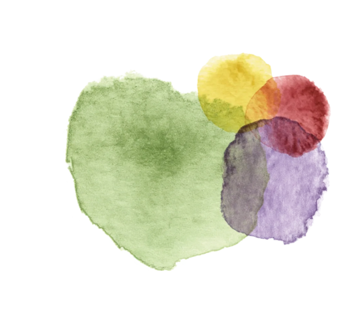 Abstrakte Aquarellillustration mit sich überlappenden grünen, violetten, roten und gelben Kreisen