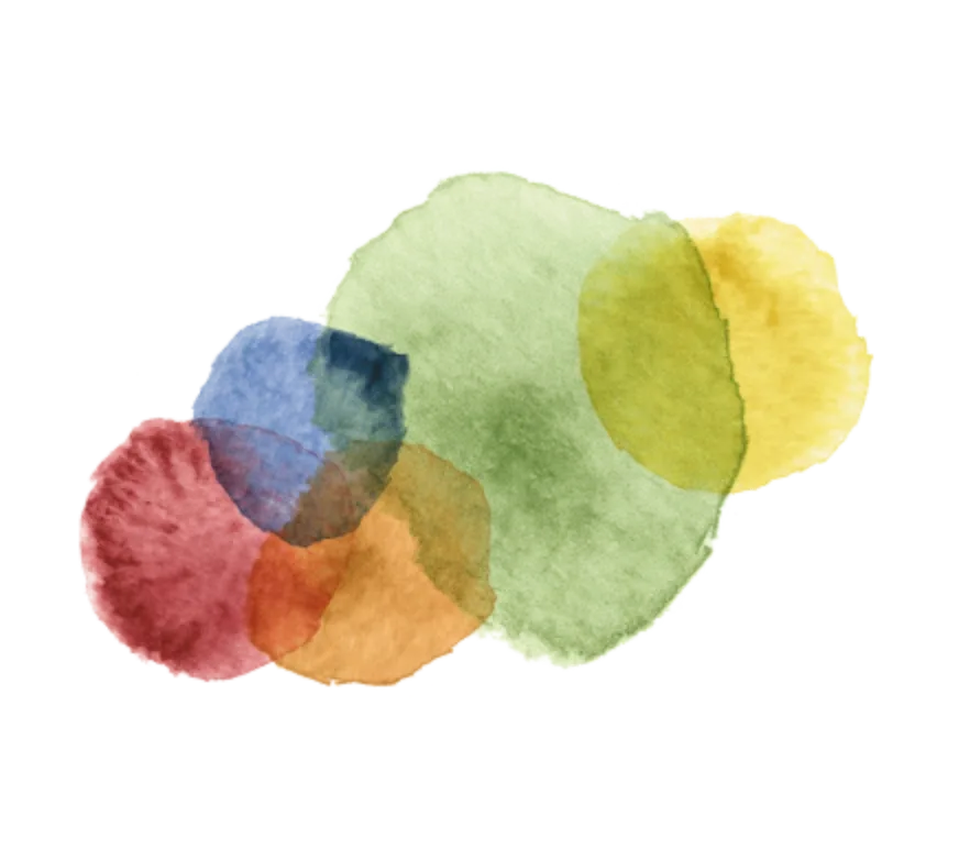 Abstrakte Aquarellillustration mit sich überlappenden grünen, blauen, roten, gelben und orangefarbenen Kreisen