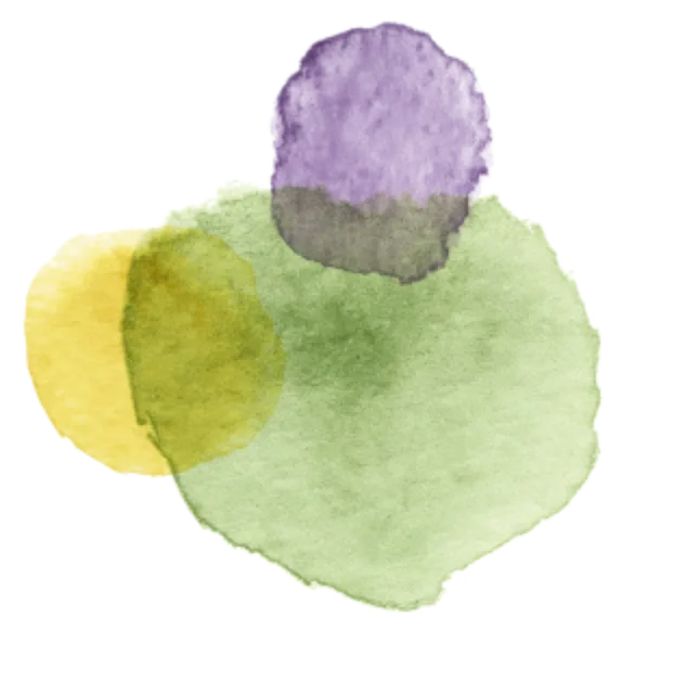 Abstrakte Aquarellillustration mit sich überlappenden grünen, violetten und gelben Kreisen