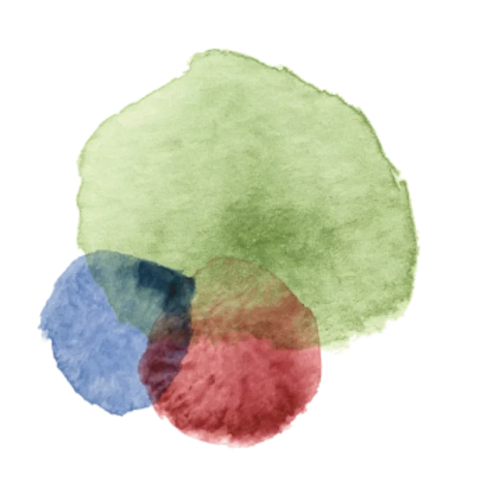 Abstrakte Aquarellillustration mit sich überlappenden grünen, blauen und roten Kreisen