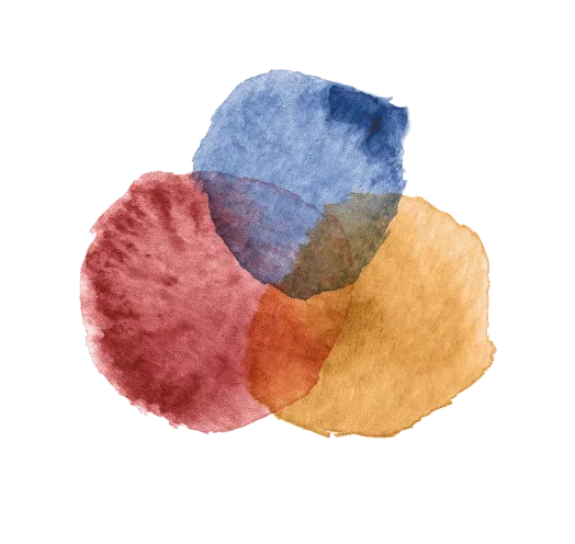 Abstrakte Aquarellillustration mit sich überlappenden roten, blauen und orangefarbenen Kreisen